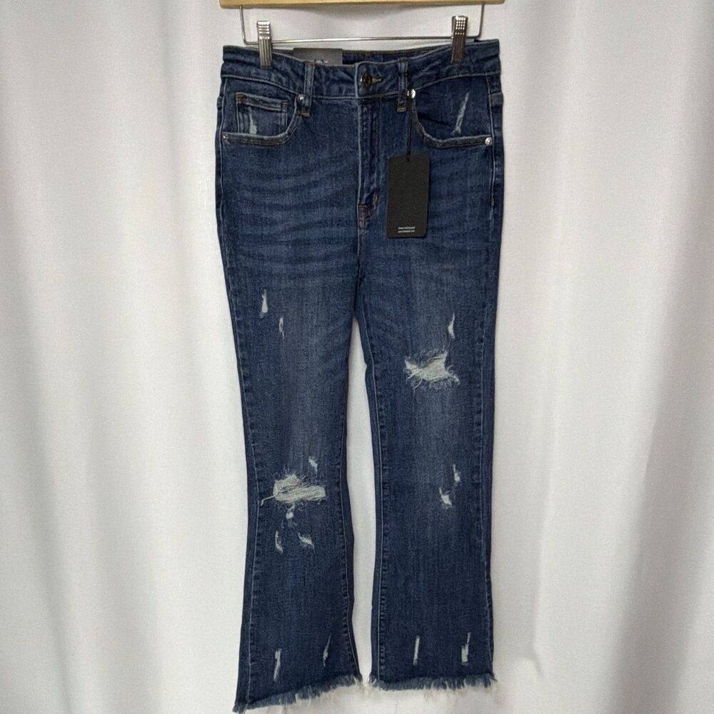 RISEN Womens 28/7 Blue Medium Wash Mid Rise Distressed Stretch Ankle Flare